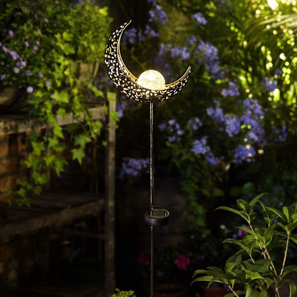 LED-lampa för utomhusbruk, trädgård, med flammönster i månform