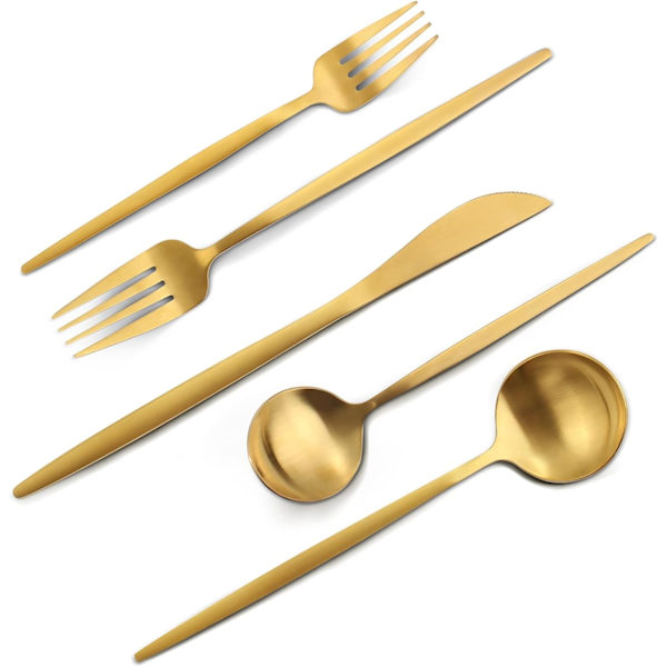 Guld Sæt, 20-delt Rustfrit Stål Bestik Sæt, Satin Finish tab