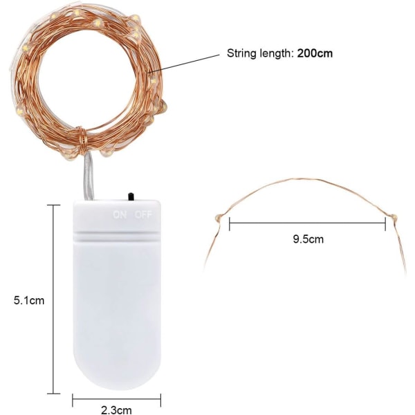 LED Lysstreng - 10 Pakker 2M 20LEDs Kobbertråd, Batteridrevet