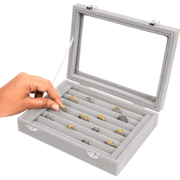 Grå Fløjl Glas Ring Organiser, 7 Sektioner - Etui til Ringe, Cu