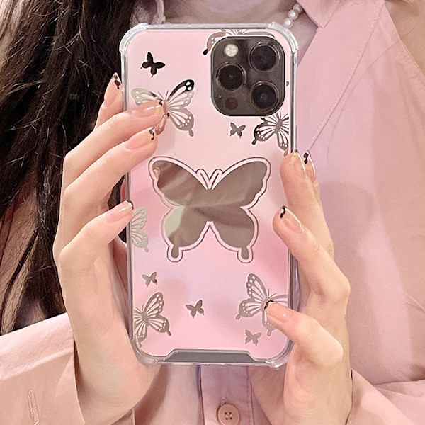 Rosa speil mobildeksel for iPhone 13 Pro Max Butterfly Mirror (1
