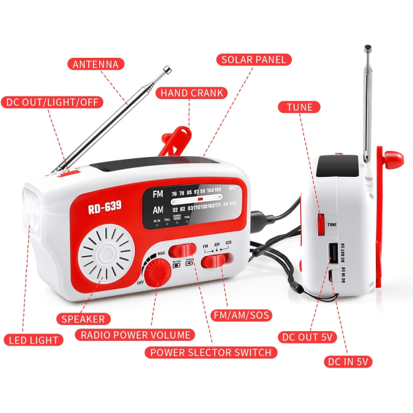 Bärbar nödradio Solar Dynamo Power Uppladdningsbar Hand Cra