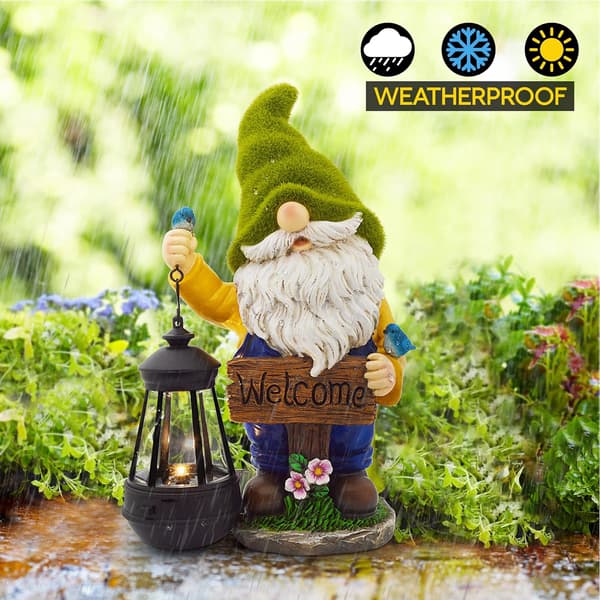 Havefigur til haven - Flocked Havefigur med Lanterne og Solcelle-LED Lys | Havepynt til Terrasse