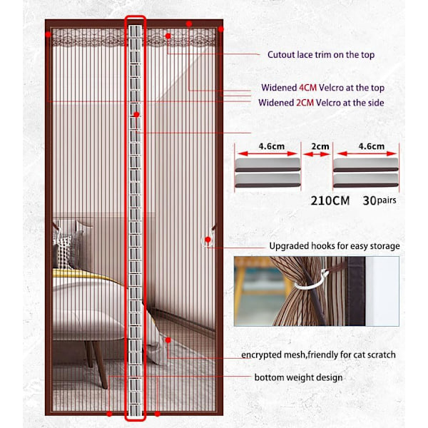 Magnetisk Dørskærm, Dørskærm Net, Dørskærm Magnetisk Lukning, Opgraderet Udvidet Velcro + Hæk, Robust Net - P