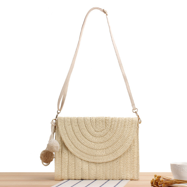 Halm axelväska Halmkoppling Kvinnor Handvävda PomPom Halm Crossbody väska Sommar Strand Kuvert Plånbok（Beige）