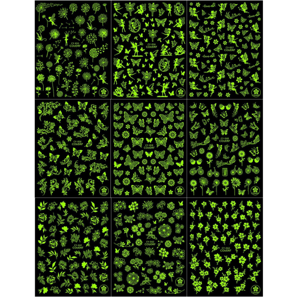 Luminous Blomster Nagelstickers Nagelkonst 9 Ark 3D Självhäftande