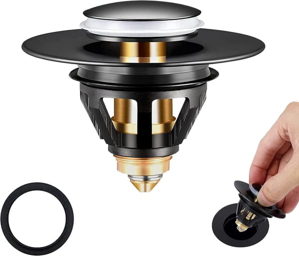 Pop-up vaskesluk med anti-tilstopping filter, universell avløpshette
