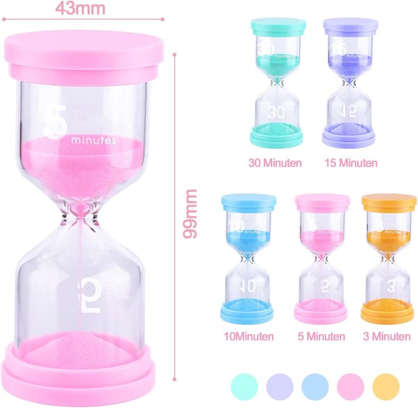 5 Farvede Timeglas, 3, 5, 10, 15 og 30 Minutter, Timeglas DXGHC