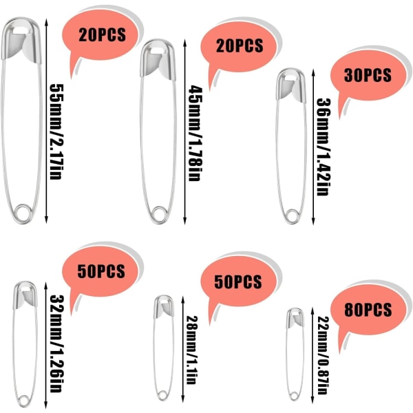 250 stk. Sikkerhedsnåle i 6 Størrelser - Rustfrit Sikkerhedsnåle f DXGHC
