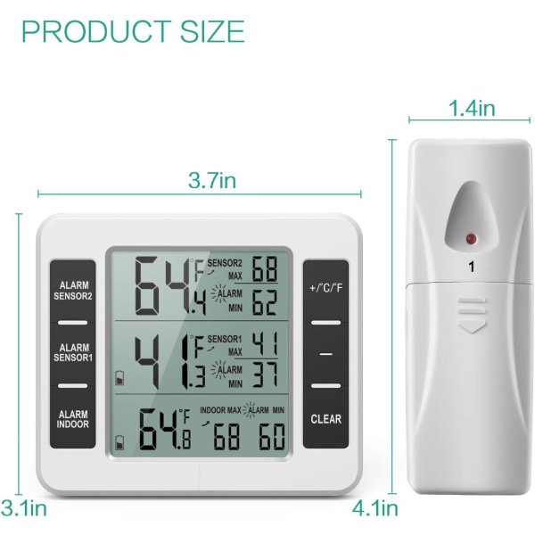 Kjøleskaps- og frysertermometer, trådløst kjøleskapstermometer med 2 sensorer