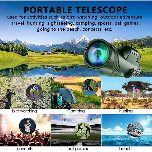 80x100 Monokular-Teleskop Højtydende Monokular til Voksne Monokular til Smartphone Adapter Monokular Teleskop Jagt