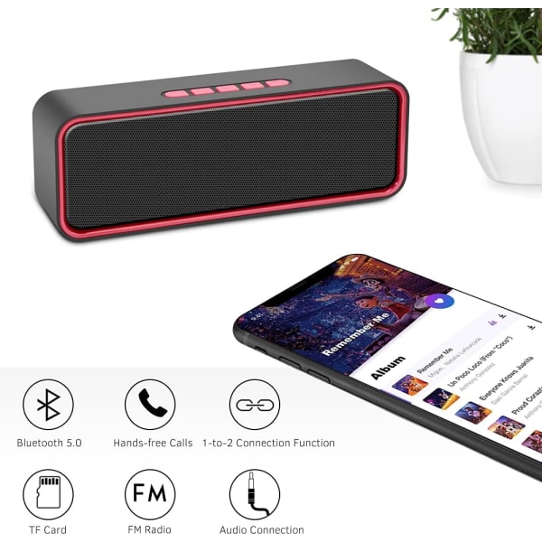 (Röd)Bärbar trådlös högtalare, Bluetooth 5.0-högtalare med 3D Ste