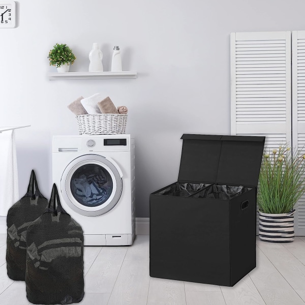 Dubbel tvättkorg med lock och avtagbara tvättpåsar, svart