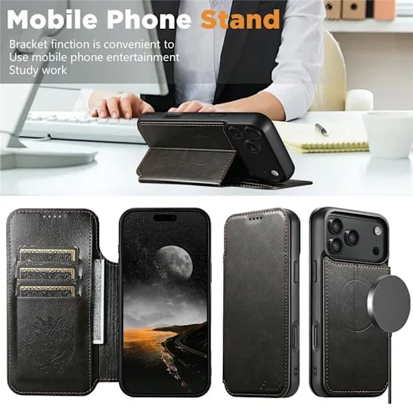 SKALO iPhone 17 Pro Max SUTENI J05 PU Læder Wallet Case - Sort Sort
