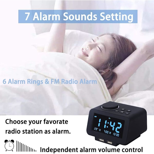 Digital väckarklocka, FM-radio, dubbla USB-laddningsportar, temperatur