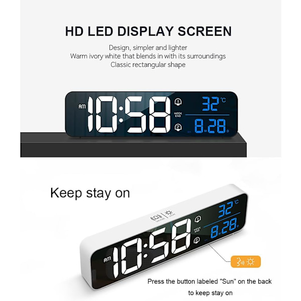 Digital klocka stor display, LED väckarklocka för vardagsrumsdekor, uppladdningsbar, ljudaktiverad, snooze, datum och temperatur