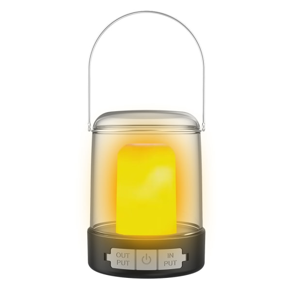 Multifunktionell utomhuscampinglampa med simulerad eld