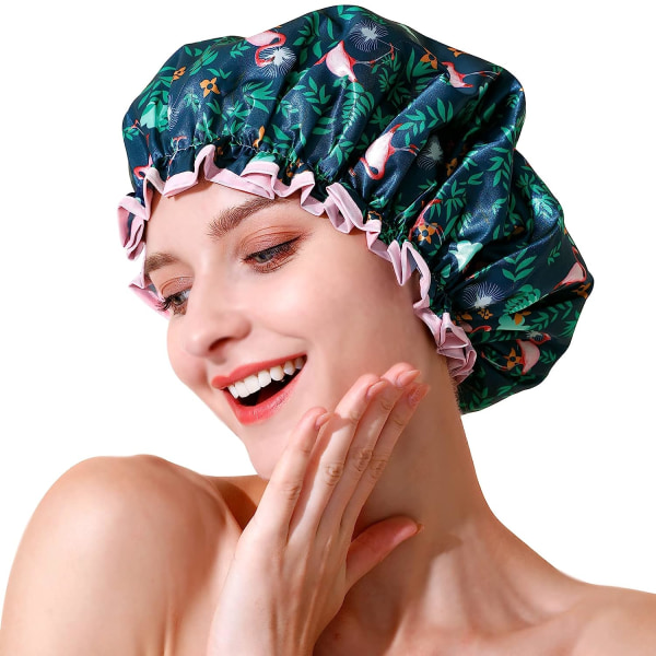 Cap, Uudelleen käytettävät kylpysuihkumyssyt naisten pitkille hiuksille, kaksikerroksinen vedenpitävä kylpysuihkuhattu hiustensuoja