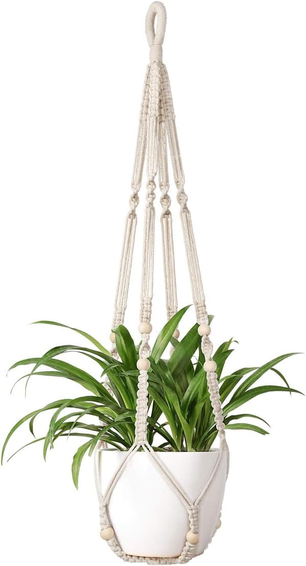 Macrame Växthängare Inomhus Hängande Planterkorg med Träpärla