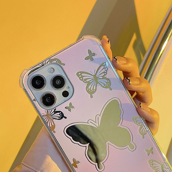 Rosa speil mobildeksel for iPhone 13 Pro Max med sommerfugl-speil