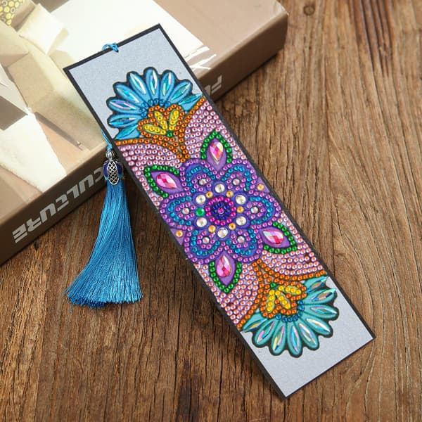 DIY mandala blomsterformad diamantmålning läderbokmärke med tofsar