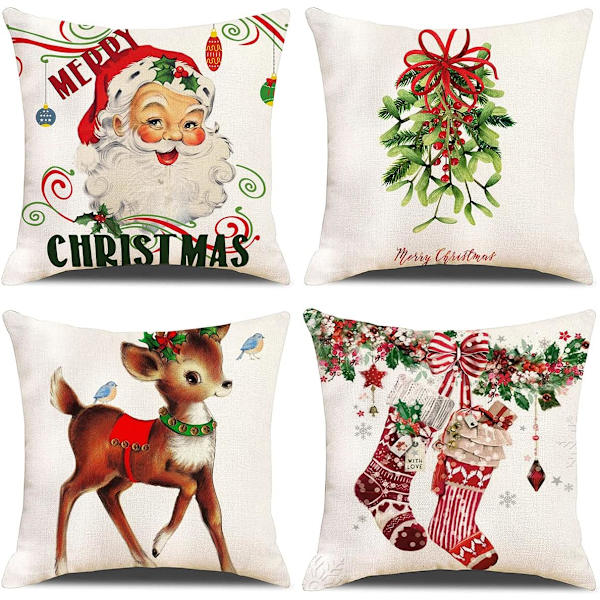 Set med 4 Kuddfodral Jul Retro Strump Sika Rådjur Mönster Dekorativ Soffa Kuddfodral Dekoration för Sovrum, Soffa,
