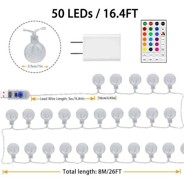 Färgväxlande Globus-Ljusslinga med USB-kontakt, 5 meter 50 LED-lampor