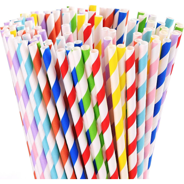 200-pack Biologiskt Nedbrytbara Pappershalm, Blandade Regnbågsrandiga