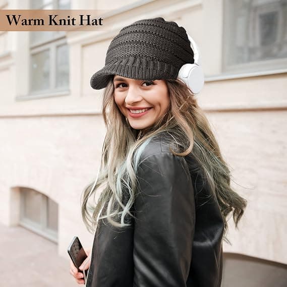 Vinterstrikket lue for kvinner med brem, slouchy beanie