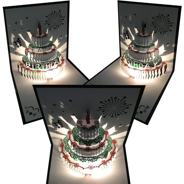 1 kpl 3D Pop Up -syntymäpäiväkortteja, lämpimät LED-valot Syntymäpäiväkakku Musiikki