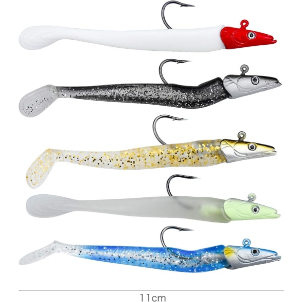 5 stykker sjøfiske agn, 11 cm myke fiske agn med T-