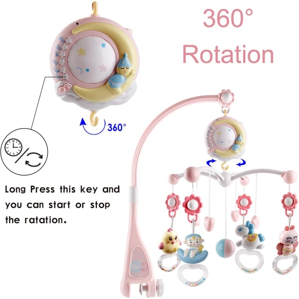 Babymobil til barneseng med timerfunksjon, projektor og lys, hengende