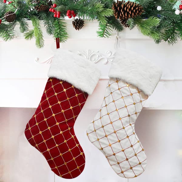 2 Par Tartan Jule-Strømper Guld Glitter Slikpose Jul
