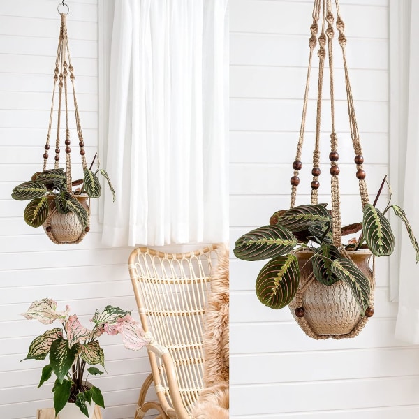 Macrame Växthängare Inomhus Hängande Planterkorg med Träpärla