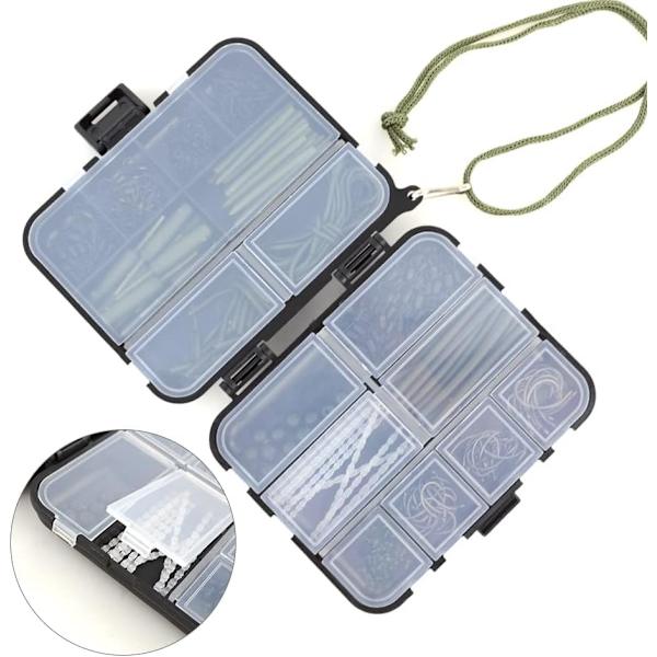 Assortiment av karpfisketillbehör med helikopterkrokfästen
