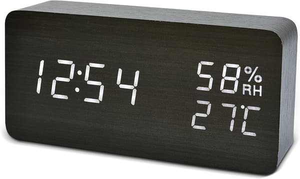 LED Digital Väckarklocka Luftfuktighet Datum Temperatur Trälook Dekor
