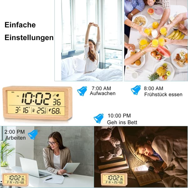 Trä Digital Väckarklocka, LED Väckarklocka Tyst Digital C