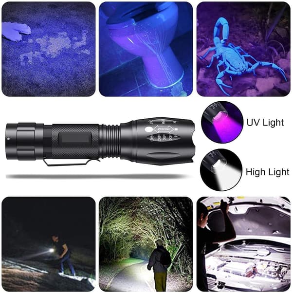 UV-taskulamppu, 2-in-1 LED-taskulamppu ja UV-lamppu, 500 lumenia, 4 tilaa, musta