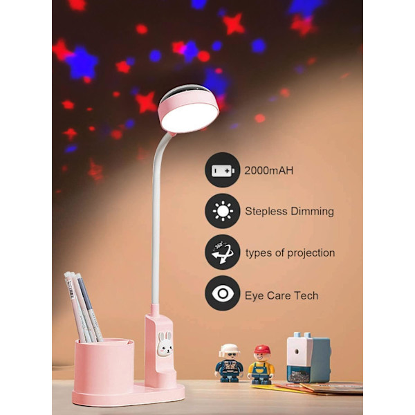 (Rosa) Barnebordlampe, nattlampe med stjernehimmelprojektor Studie T