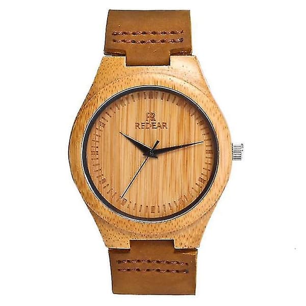 Bambu träklocka med Crazy Horse läderarmband kvarts analog vardaglig