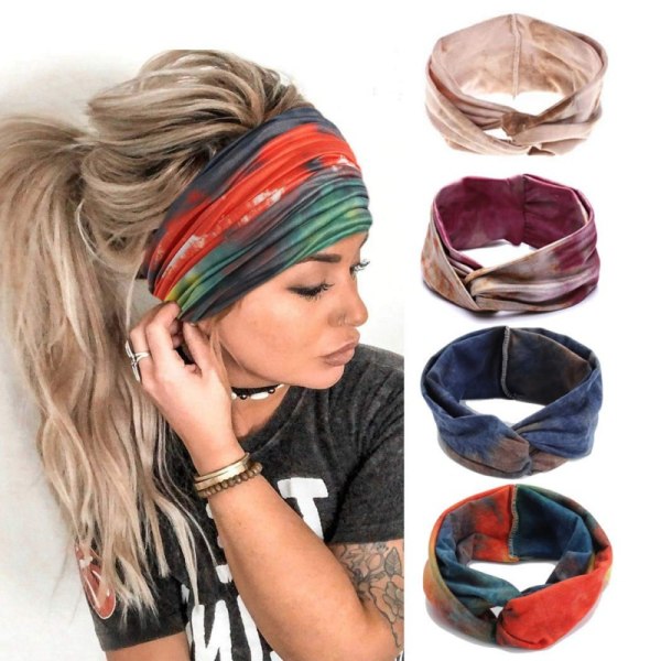 5-pack bohemiska elastiska sport hårband, tie-dye, breda