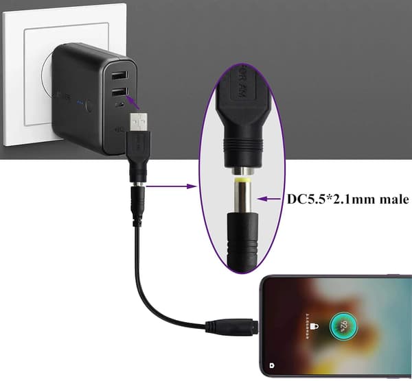 USB2.0 A uros-DC 5.5x2.1mm DC-liitäntä latausliitäntä