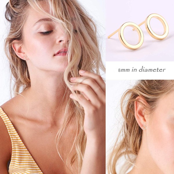 18K Guld Cirkel Ørestikker 8MM Små Runde Hoops Post Stud til