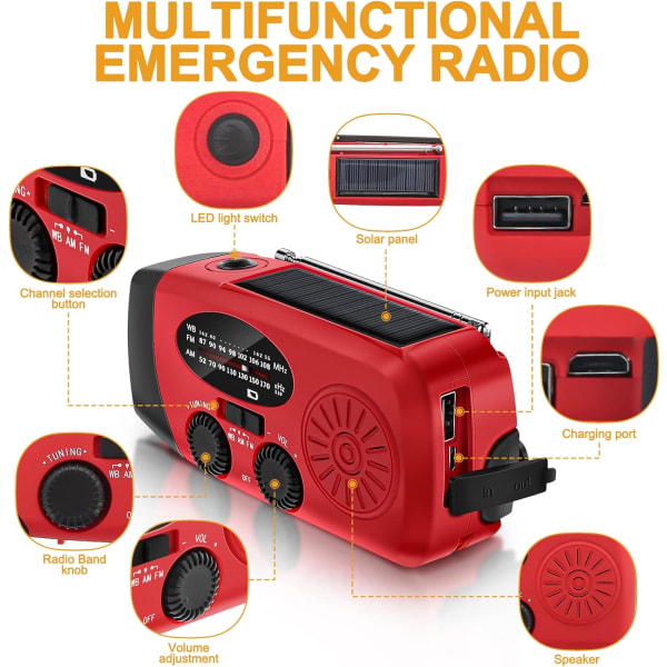 Bærbar Solradio Værradio Nødradio 2000mAh Håndsveiv R