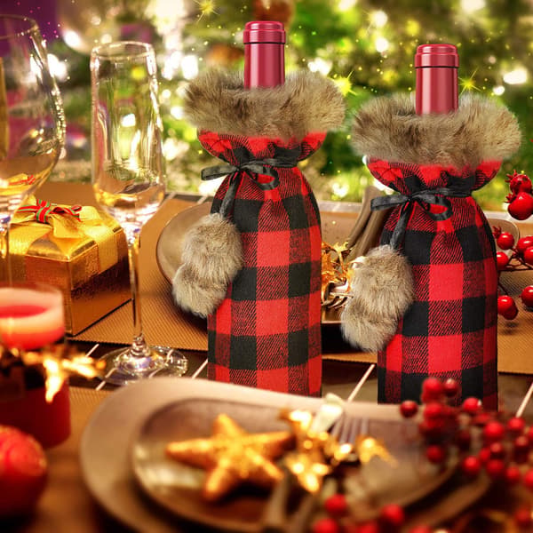 6 Styk (Rød) Jule Buffalo Plaid Vinflaskeovertræk Plaid Win