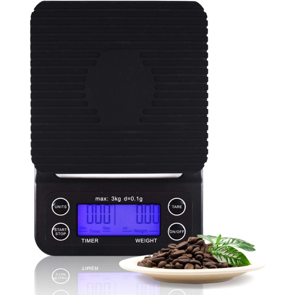 （5kg/0.1g）Digital kaffevekt med timer, varmebestandig silisium