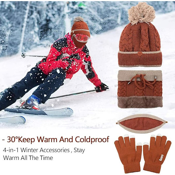 Hatt, hansker, skjerf og ansiktsmaske-sett for kvinner, damer og jenter - Strikket Beanie