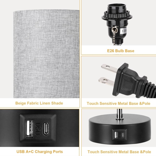 3-Farvet Temperatur Sengelampe Natbordlampe med USB A-port og C-port, Bordlampe til Soveværelse med LED Pære Lille