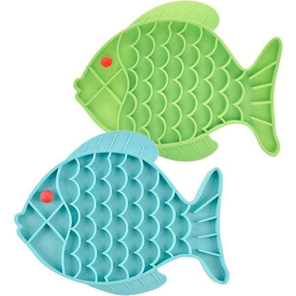 Kattenslowfeeder, 2-pakning Fiskeformet Kattenslikkematte for Katter og Hunder, Kattens Puslespillmater, Morsom Alternativ