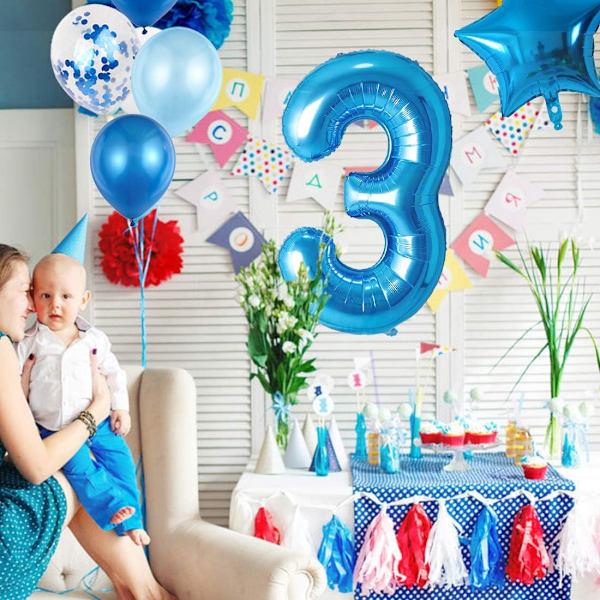 3 år gammel gutt bursdagsballong, blå 3 år gammel bursdagsdekorat